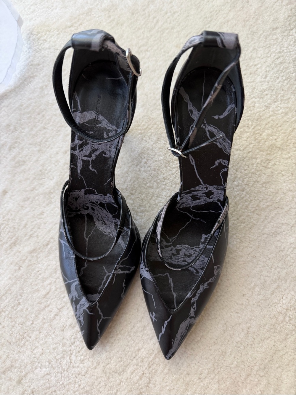 Balenciaga Paris Black Marble-Print Pointed Ankle-Strap Pumps